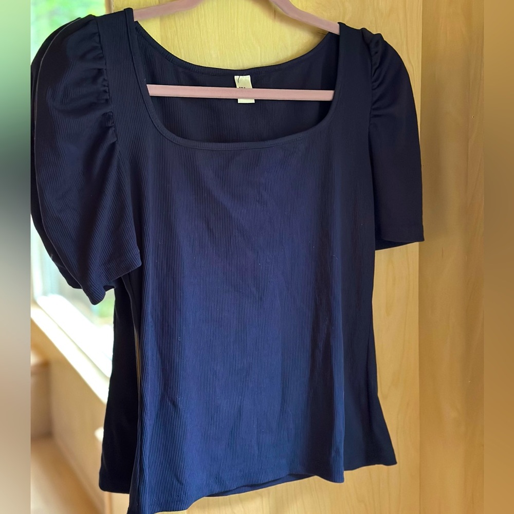 Navy puff sleeve scoop neck blouse